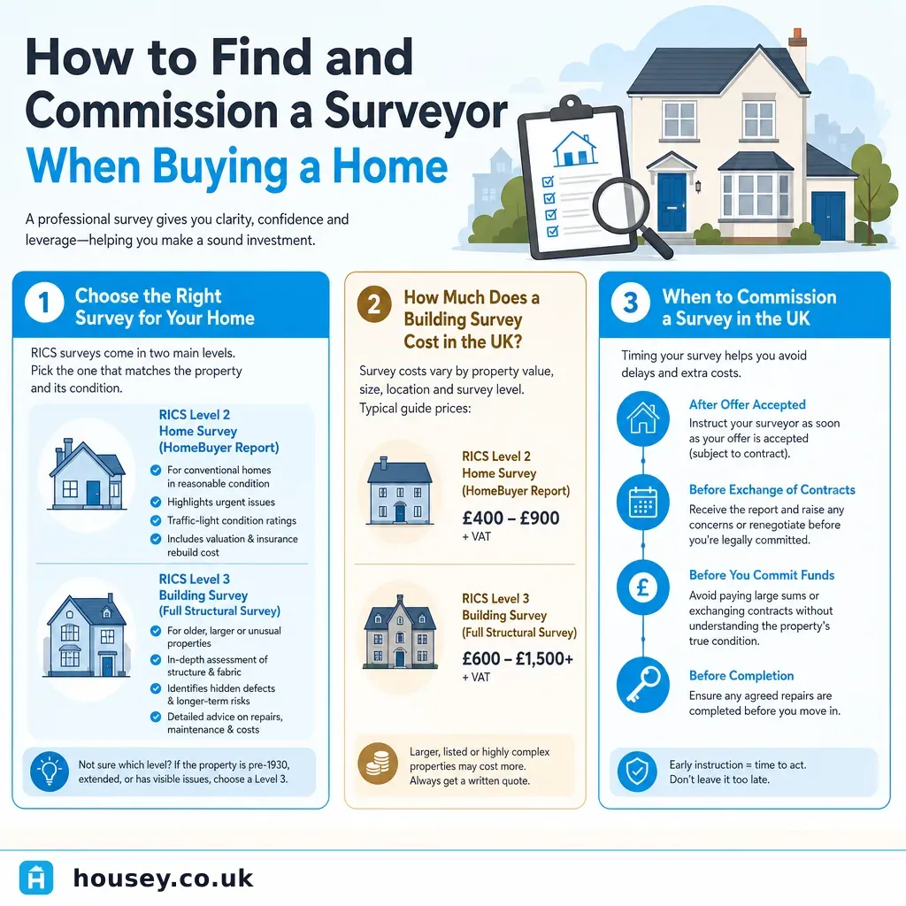 Infographic illustrating: How to Find and Commission a Surveyor When Buying a Home