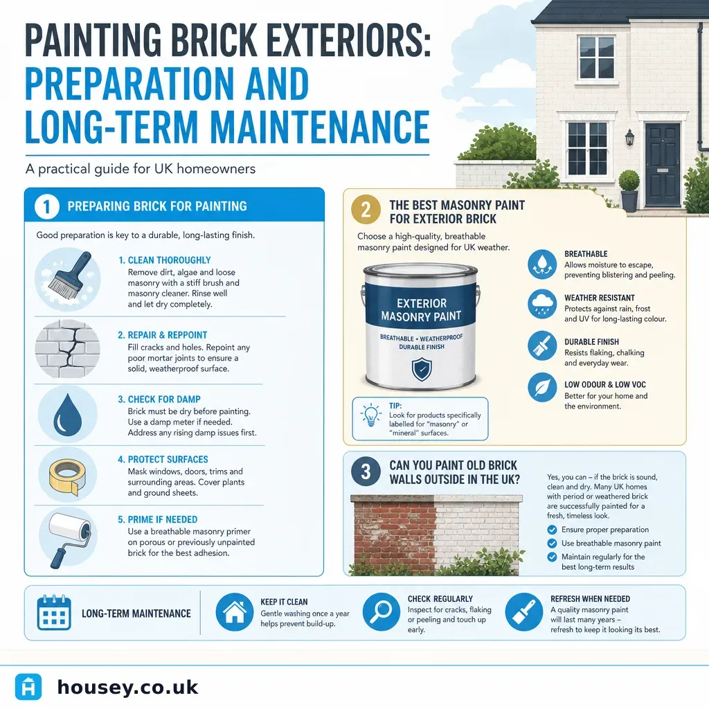 Infographic illustrating: Painting Brick Exteriors: Preparation and Long-Term Maintenance