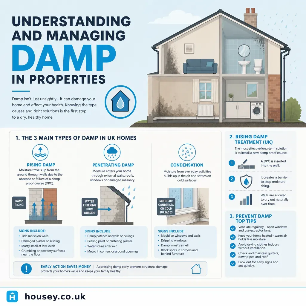 Infographic illustrating: Understanding and Managing Damp in Properties