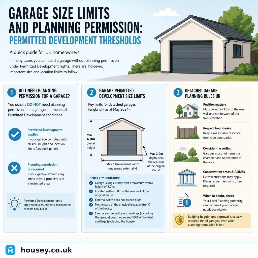 Infographic illustrating: Garage Size Limits and Planning Permission: Permitted Development Thresholds