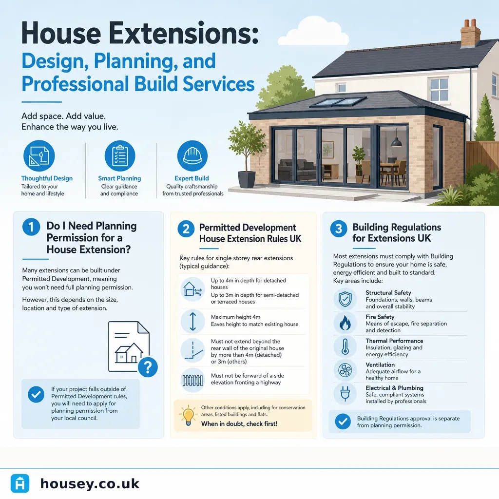 Infographic illustrating: House Extensions: Design, Planning, and Professional Build Services