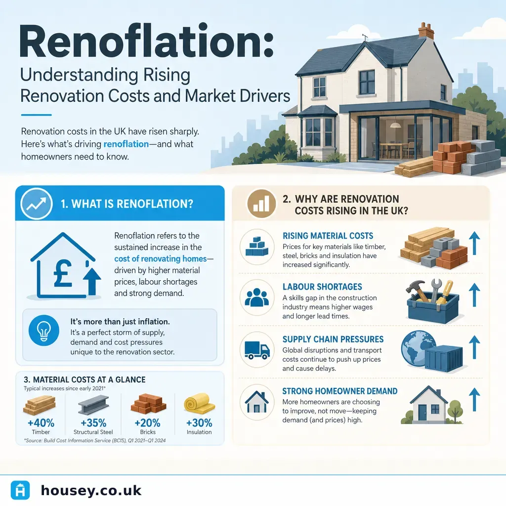 Infographic illustrating: Renoflation: Understanding Rising Renovation Costs and Market Drivers