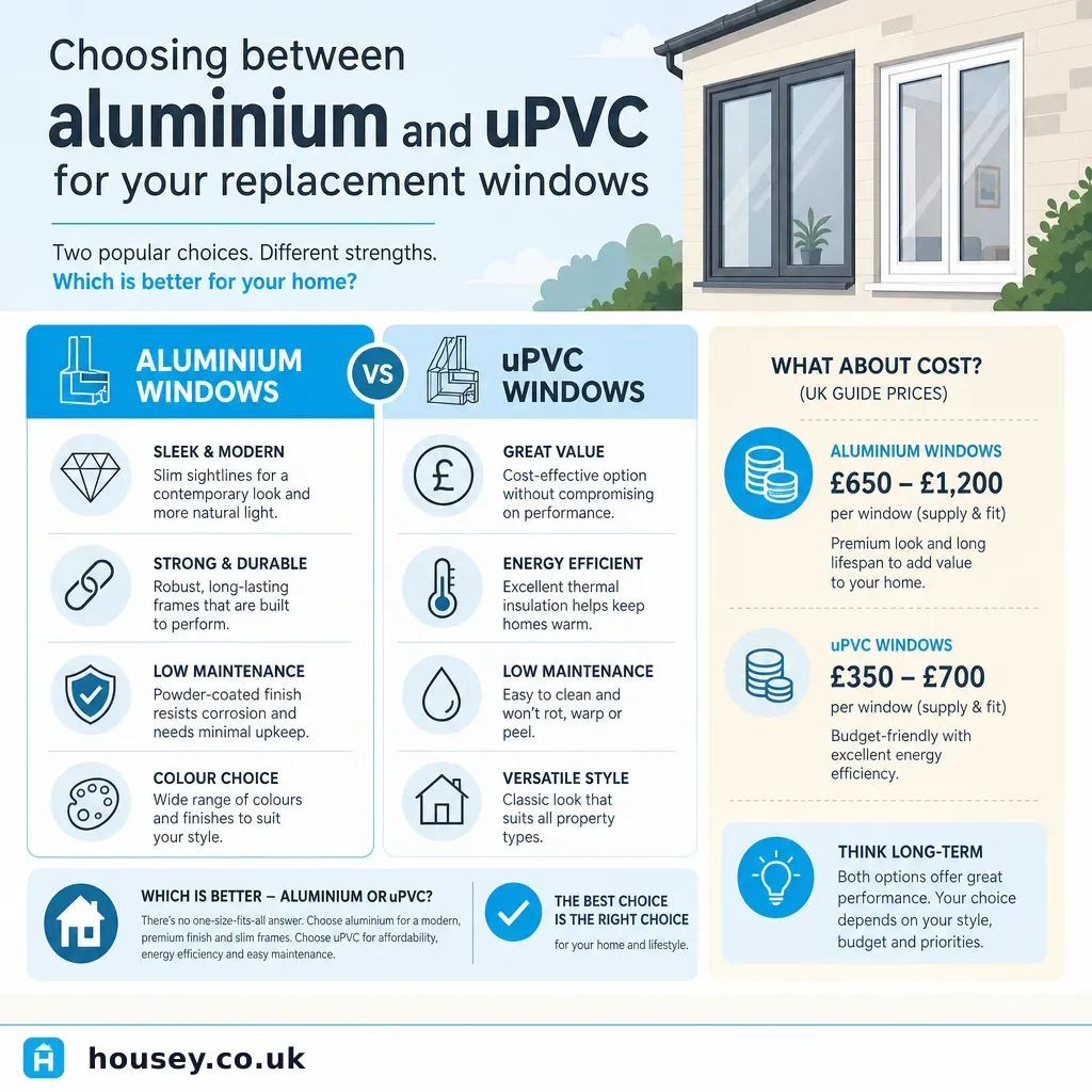 Infographic illustrating: Choosing between aluminium and uPVC for your replacement windows