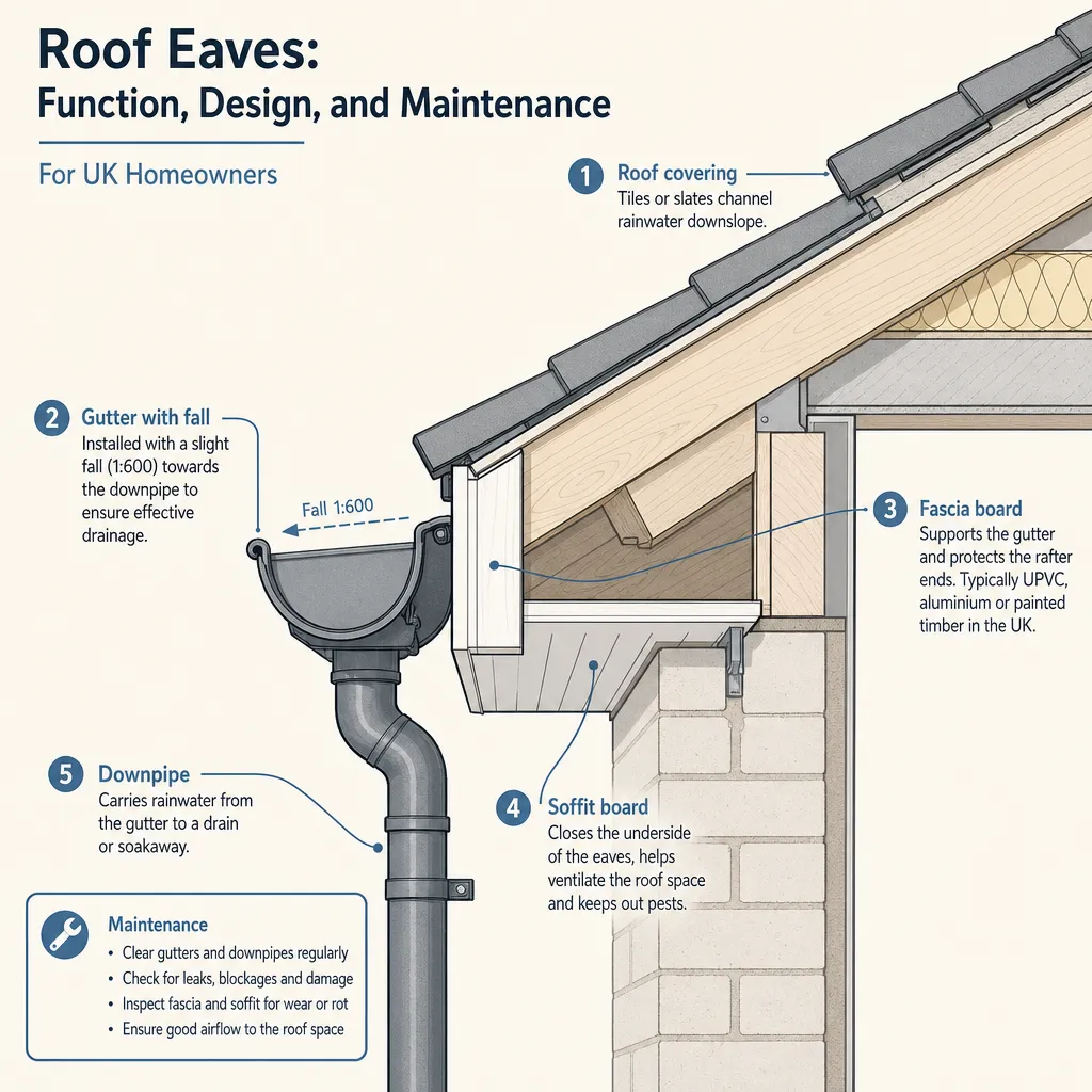 Diagram illustrating: Roof Eaves: Function, Design, and Maintenance