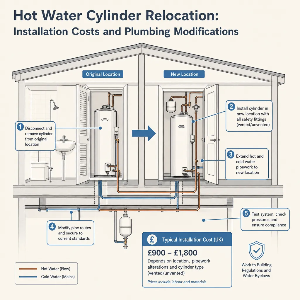 Diagram illustrating: Hot Water Cylinder Relocation: Installation Costs and Plumbing Modifications
