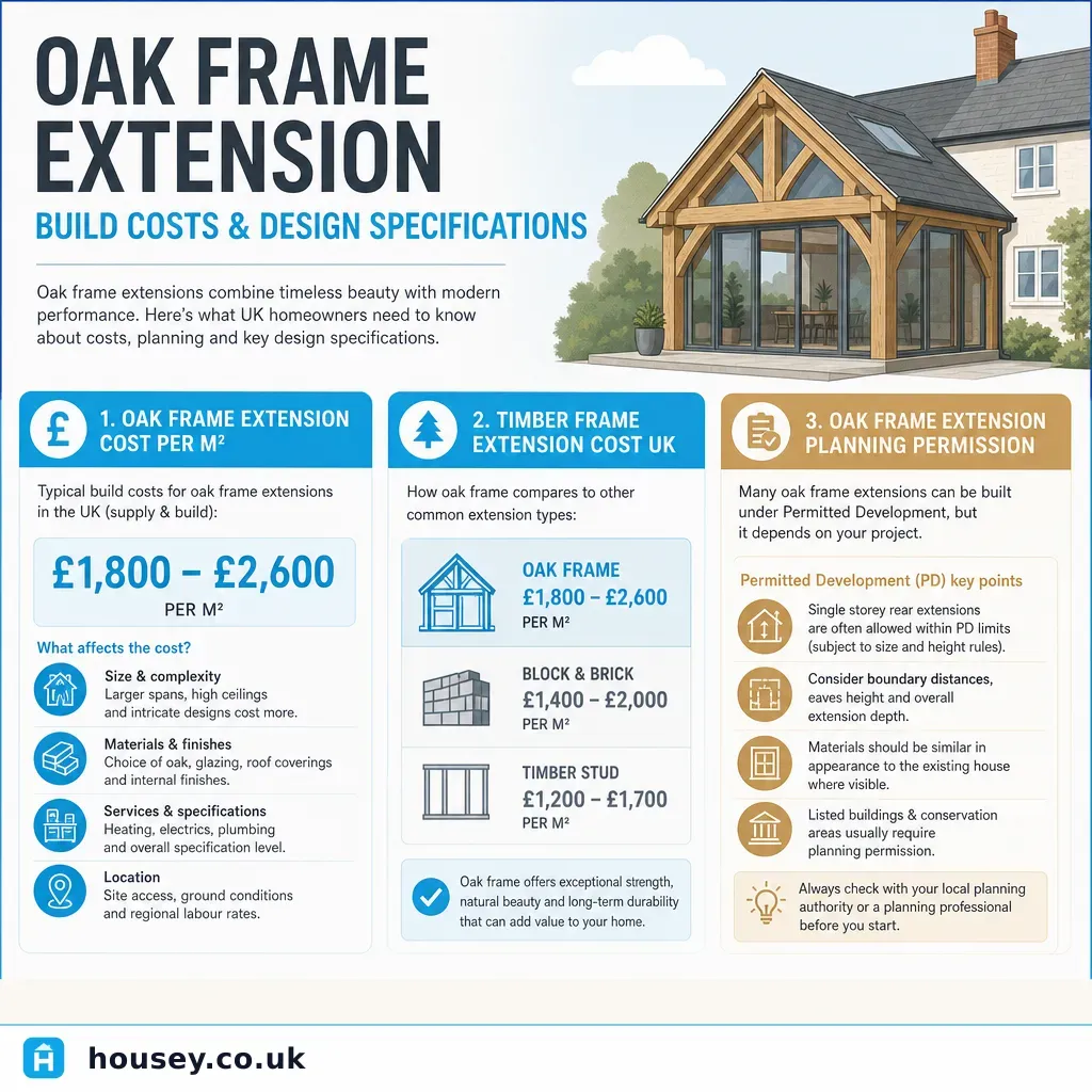 Infographic illustrating: Oak Frame Extension Build Costs and Design Specifications