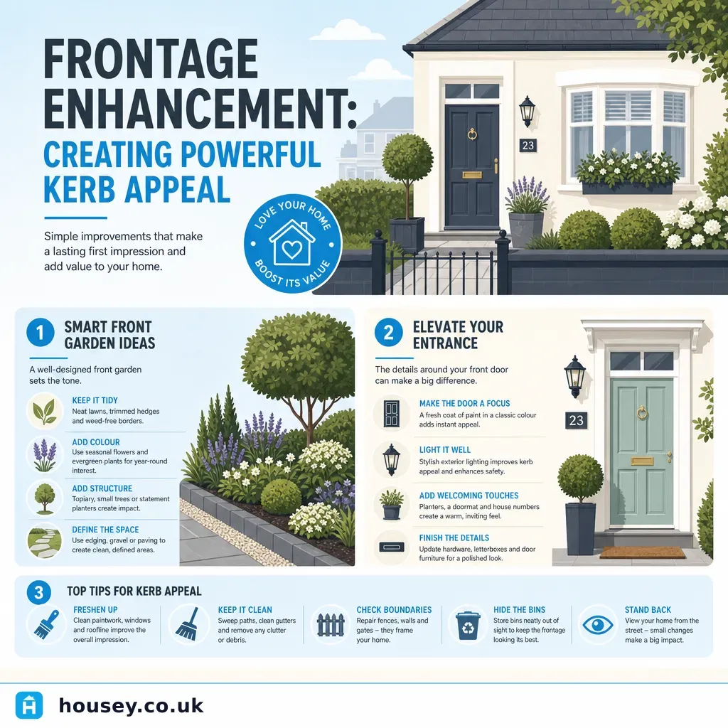 Infographic illustrating: Frontage Enhancement: Creating Powerful Kerb Appeal