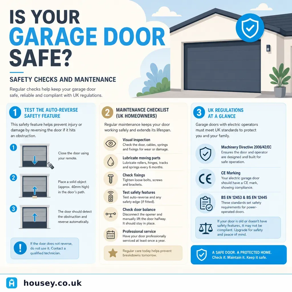 Infographic illustrating: Is Your Garage Door Safe? Safety Checks and Maintenance