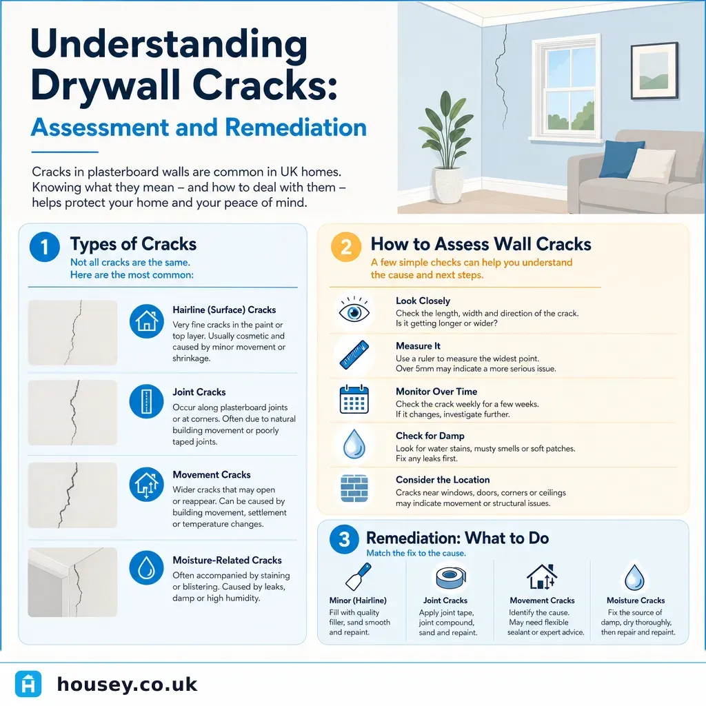 Infographic illustrating: Understanding Drywall Cracks: Assessment and Remediation
