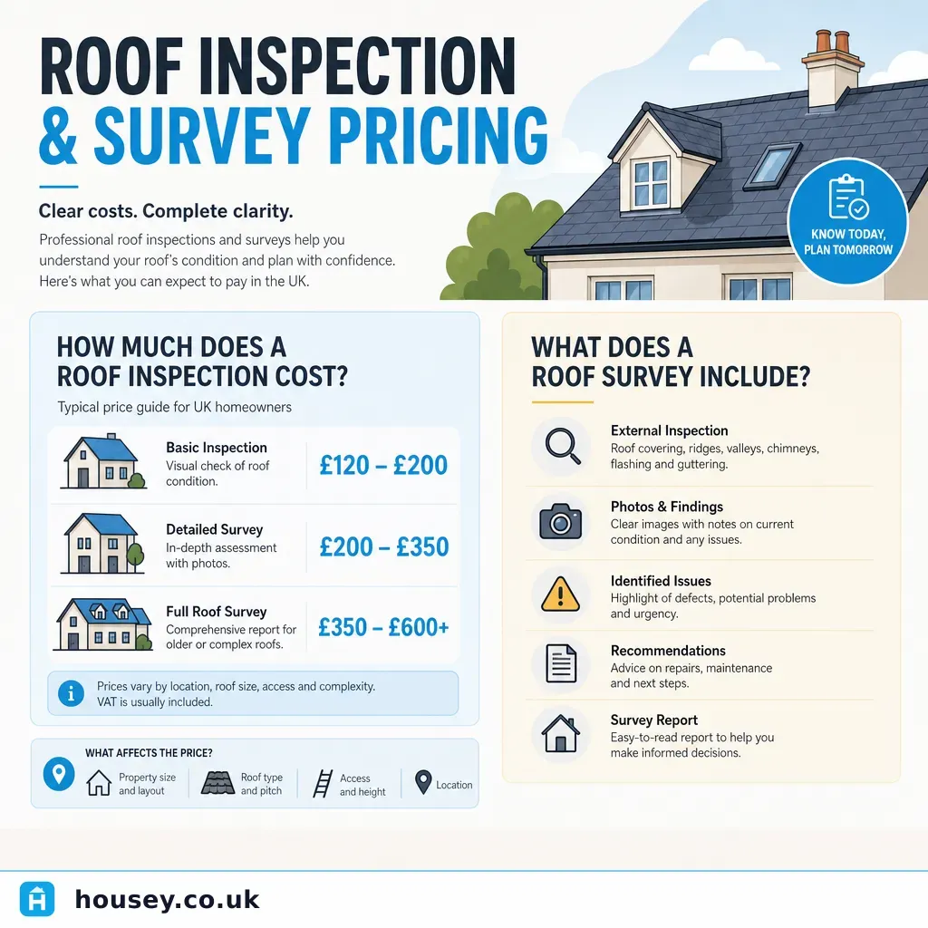 Infographic illustrating: Roof Inspection and Survey Pricing