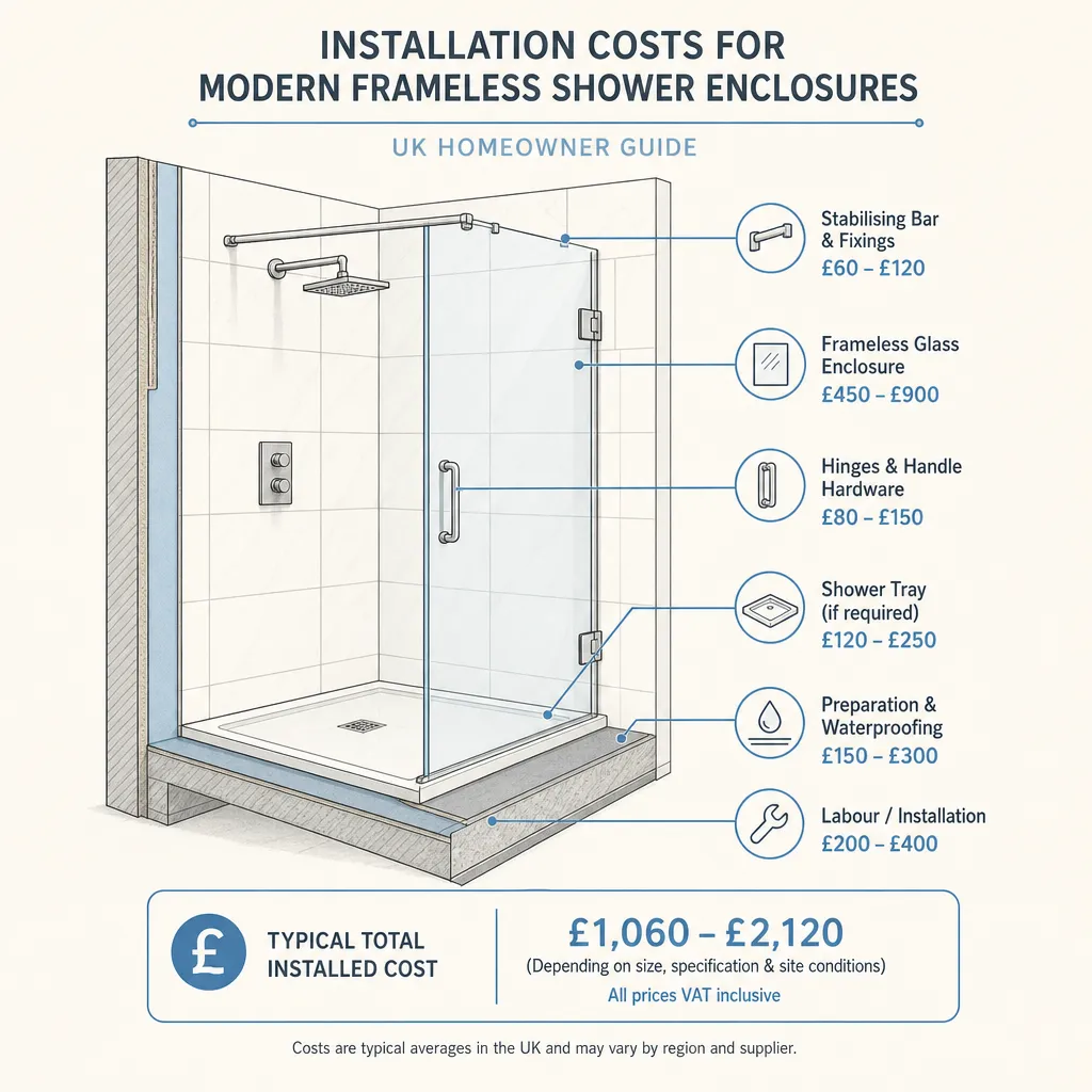 Diagram illustrating: Installation costs for modern frameless shower enclosures