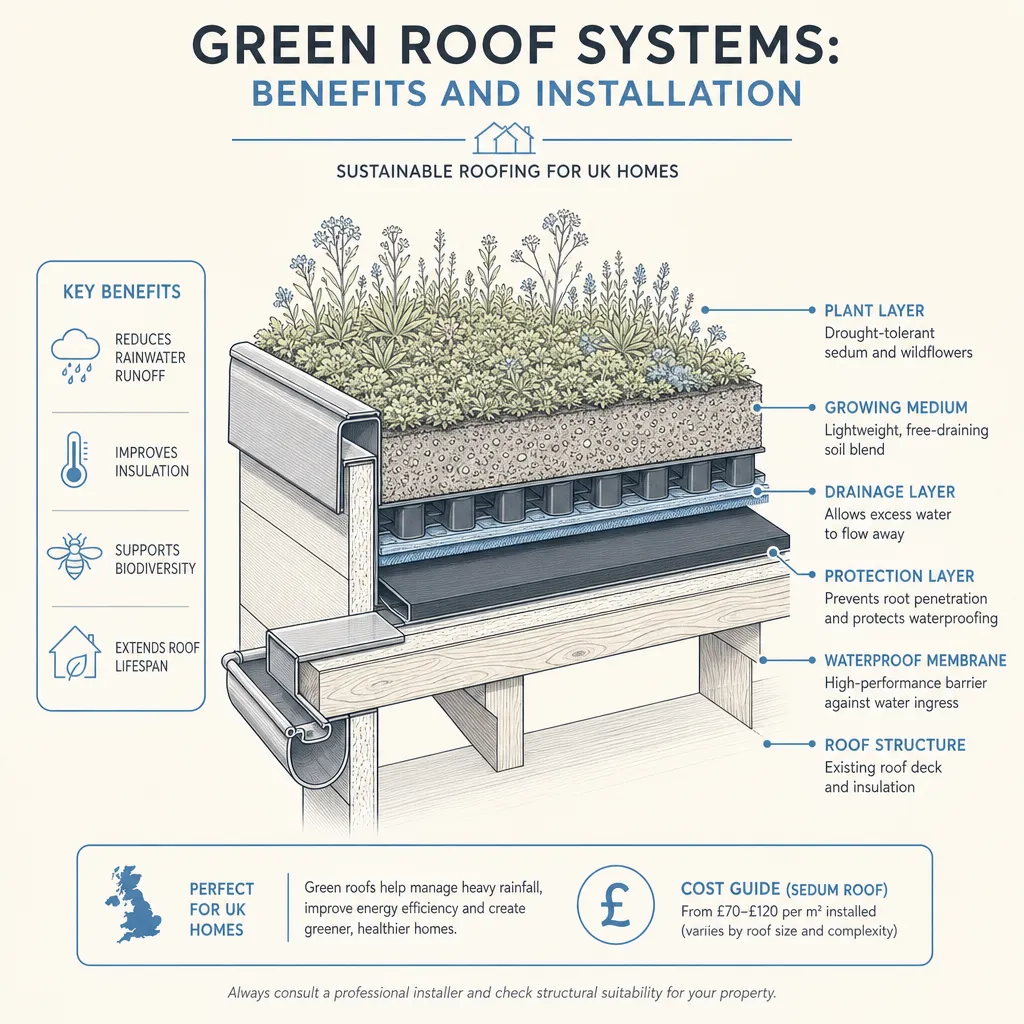 Diagram illustrating: Green Roof Systems: Benefits and Installation