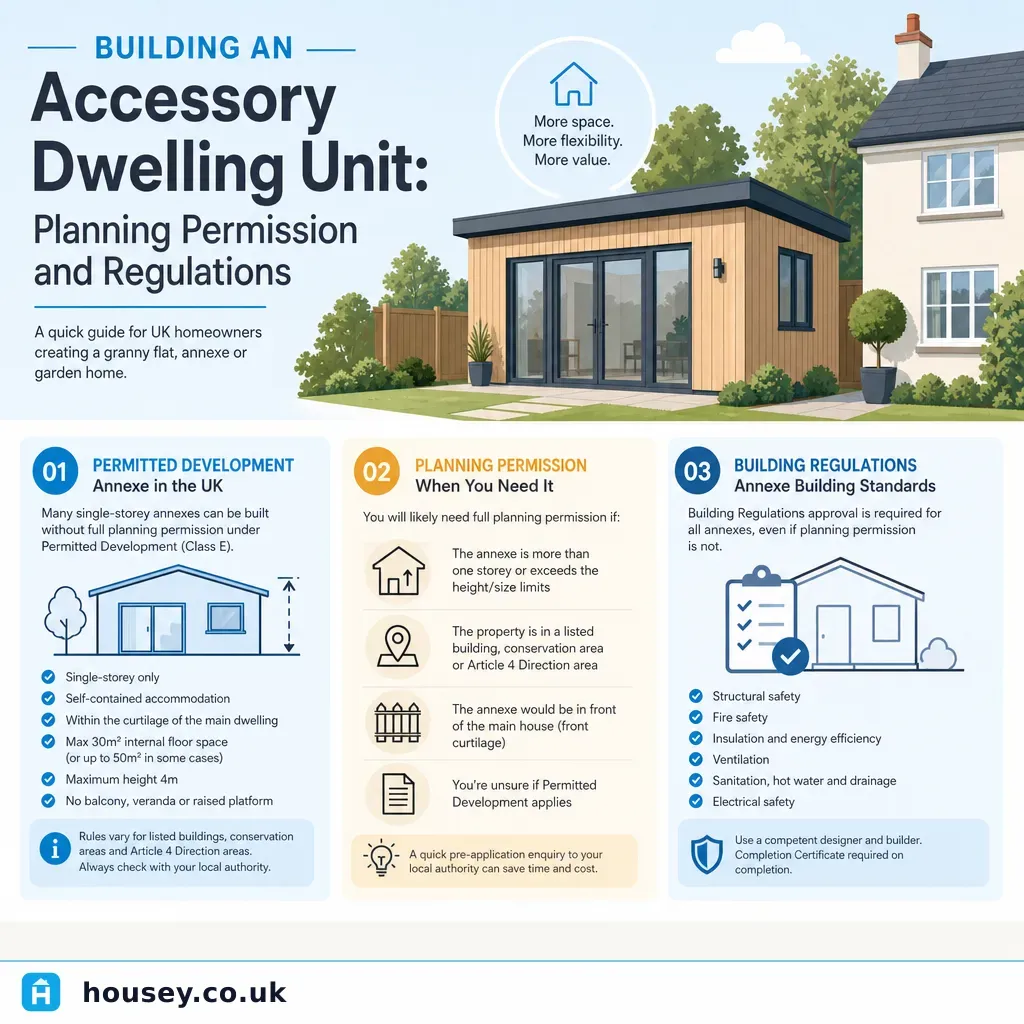 Infographic illustrating: Building an Accessory Dwelling Unit: Planning Permission and Regulations