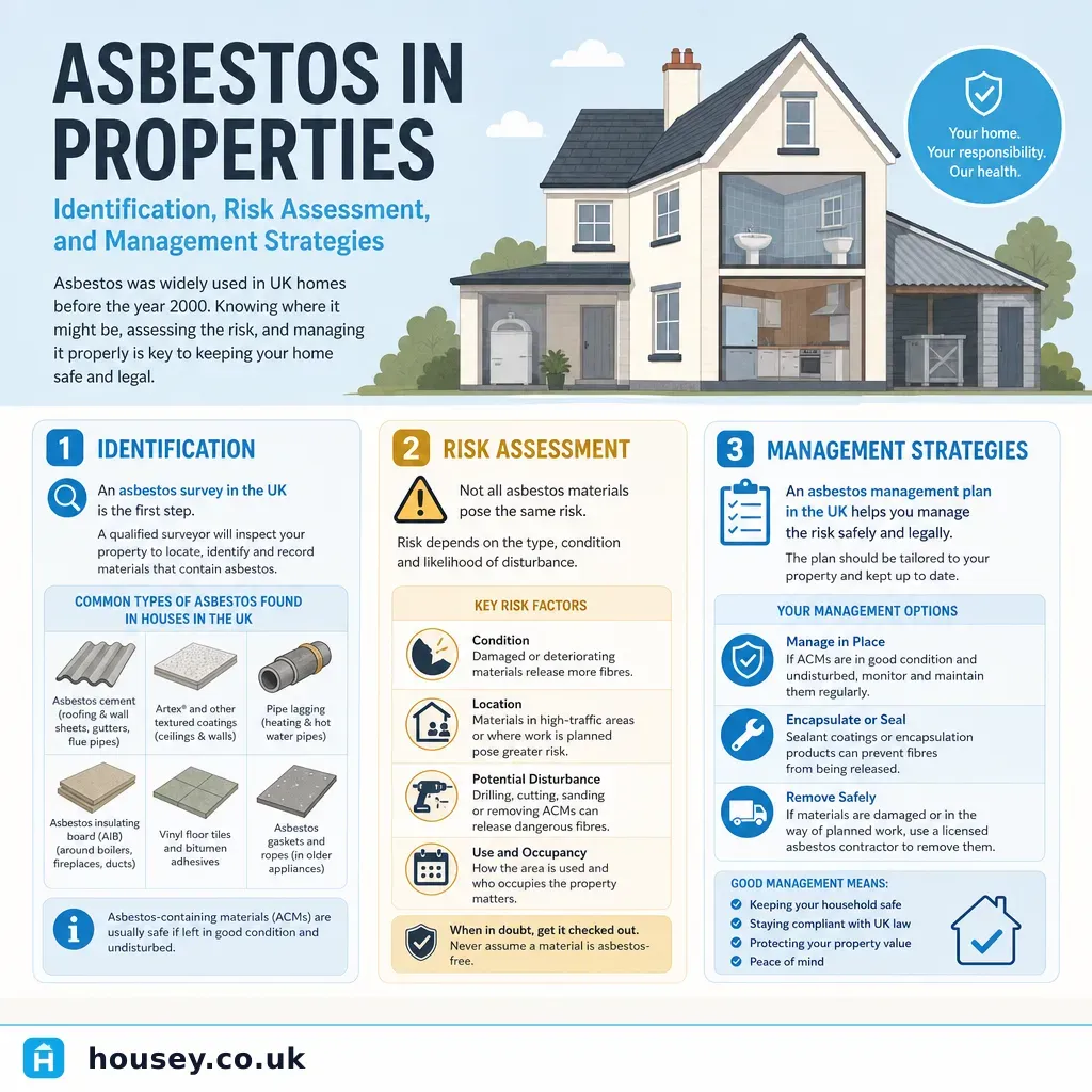 Infographic illustrating: Asbestos in Properties: Identification, Risk Assessment, and Management Strategies