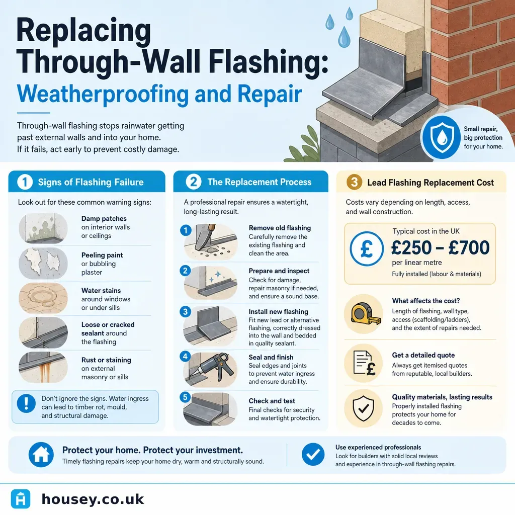 Infographic illustrating: Replacing Through-Wall Flashing: Weatherproofing and Repair