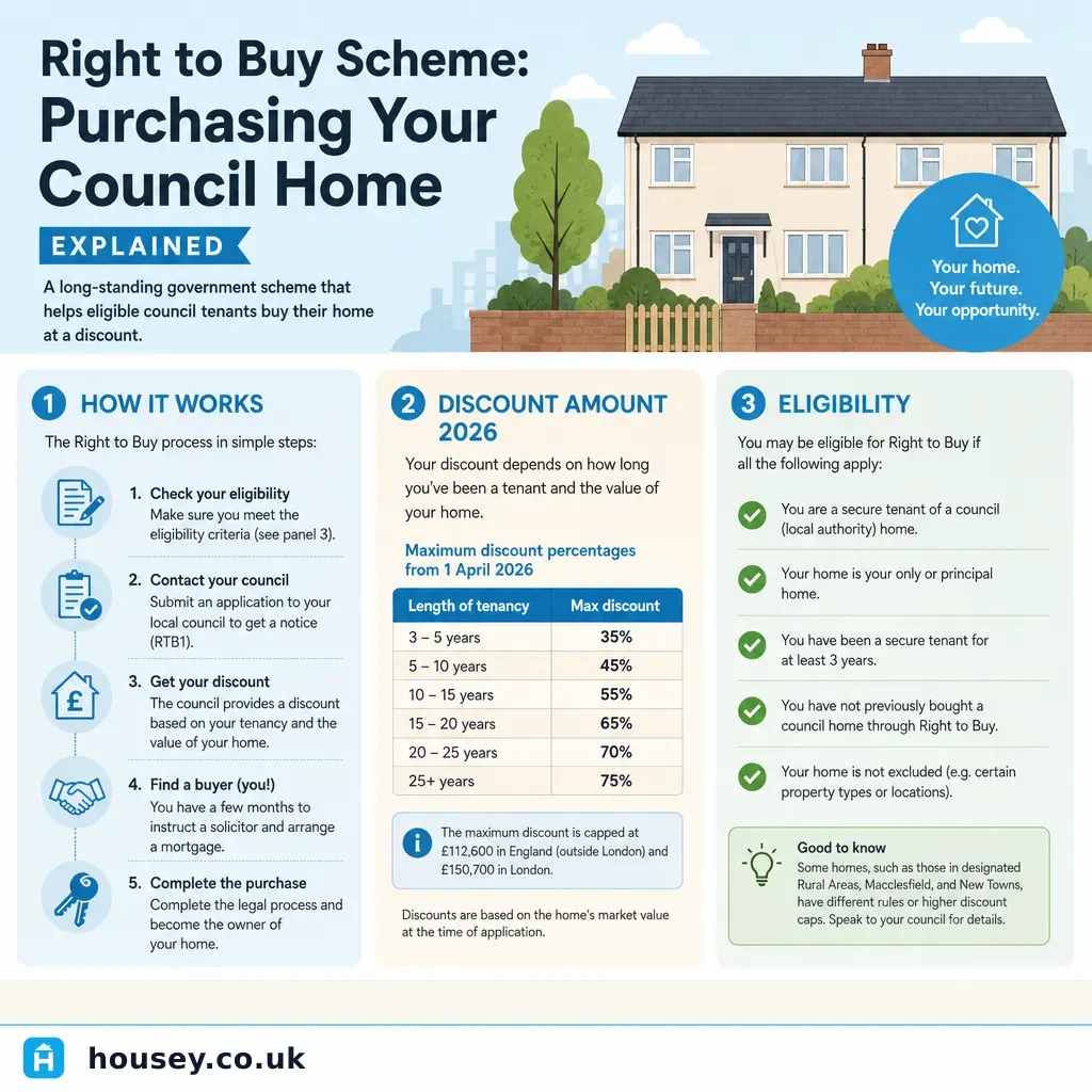 Infographic illustrating: Right to Buy Scheme: Purchasing Your Council Home Explained