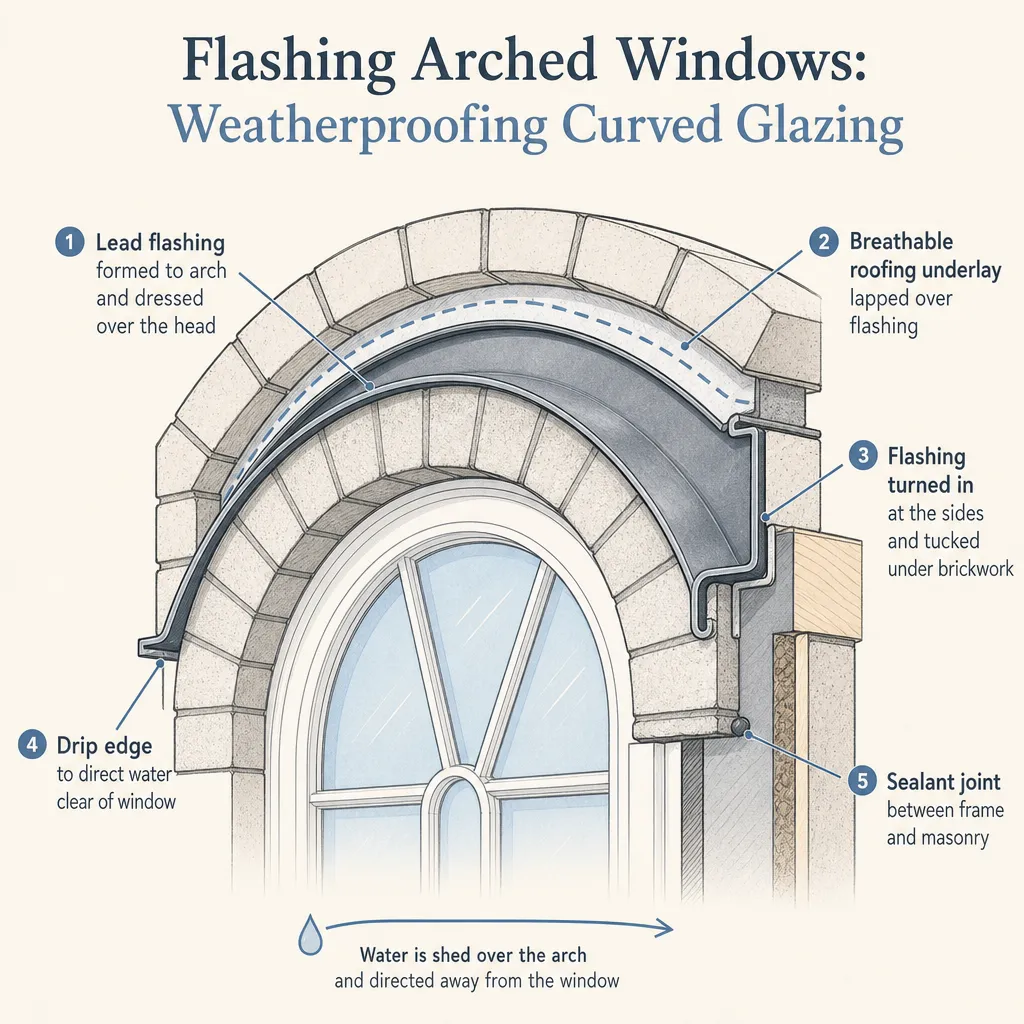 Diagram illustrating: Flashing Arched Windows: Weatherproofing Curved Glazing