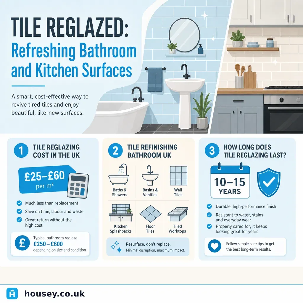 Infographic illustrating: Tile Reglazed: Refreshing Bathroom and Kitchen Surfaces