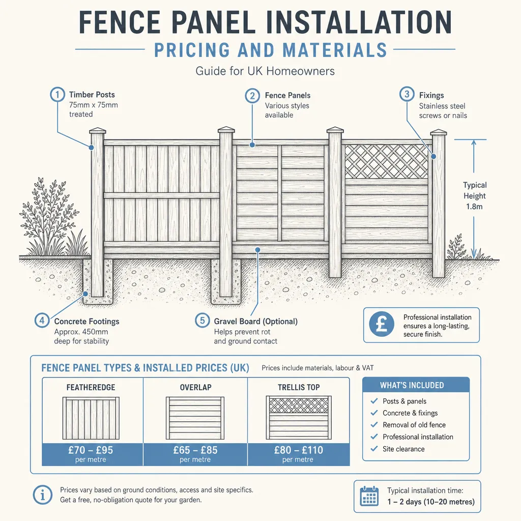 Diagram illustrating: Fence Panel Installation Pricing and Materials