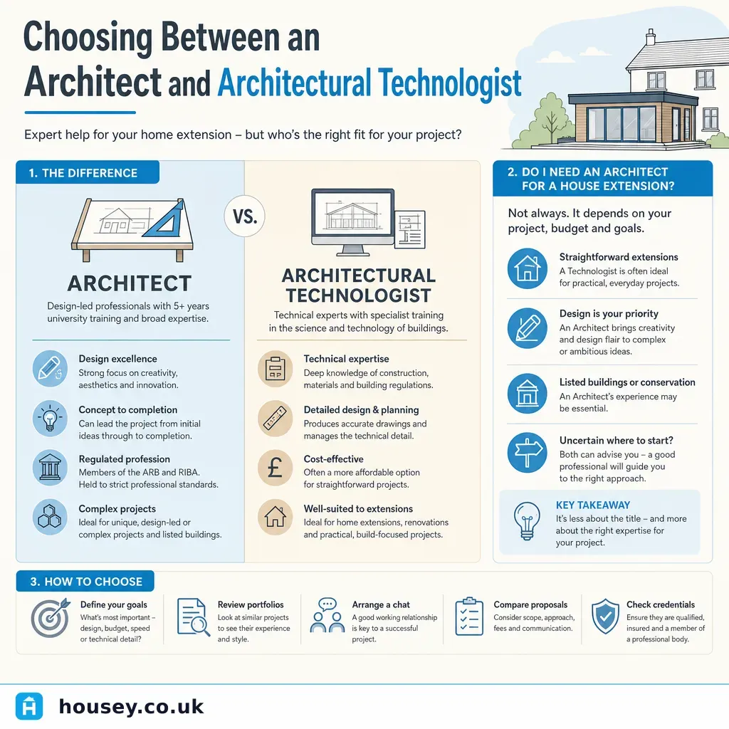 Infographic illustrating: Choosing Between an Architect and Architectural Technologist