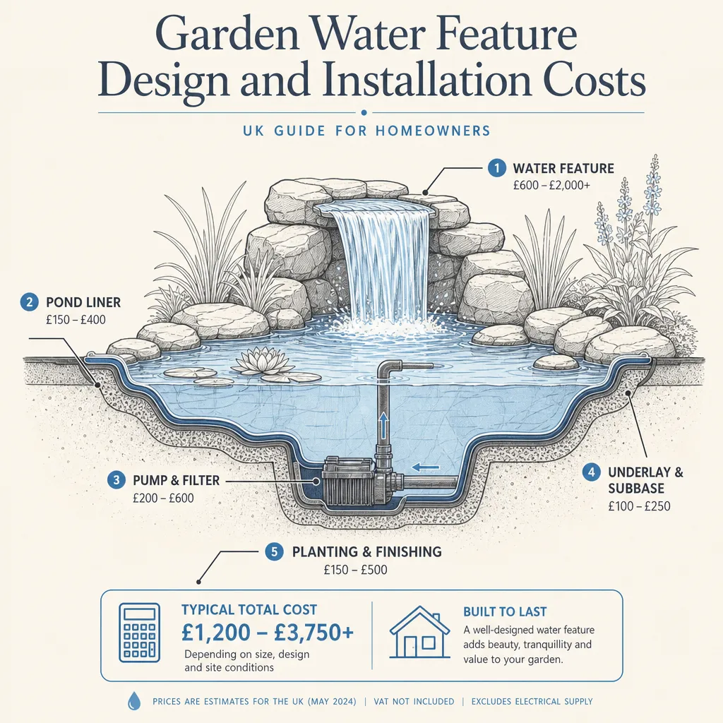 Diagram illustrating: Garden Water Feature Design and Installation Costs
