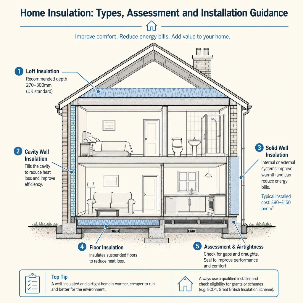 Diagram illustrating: Home Insulation: Types, Assessment and Installation Guidance