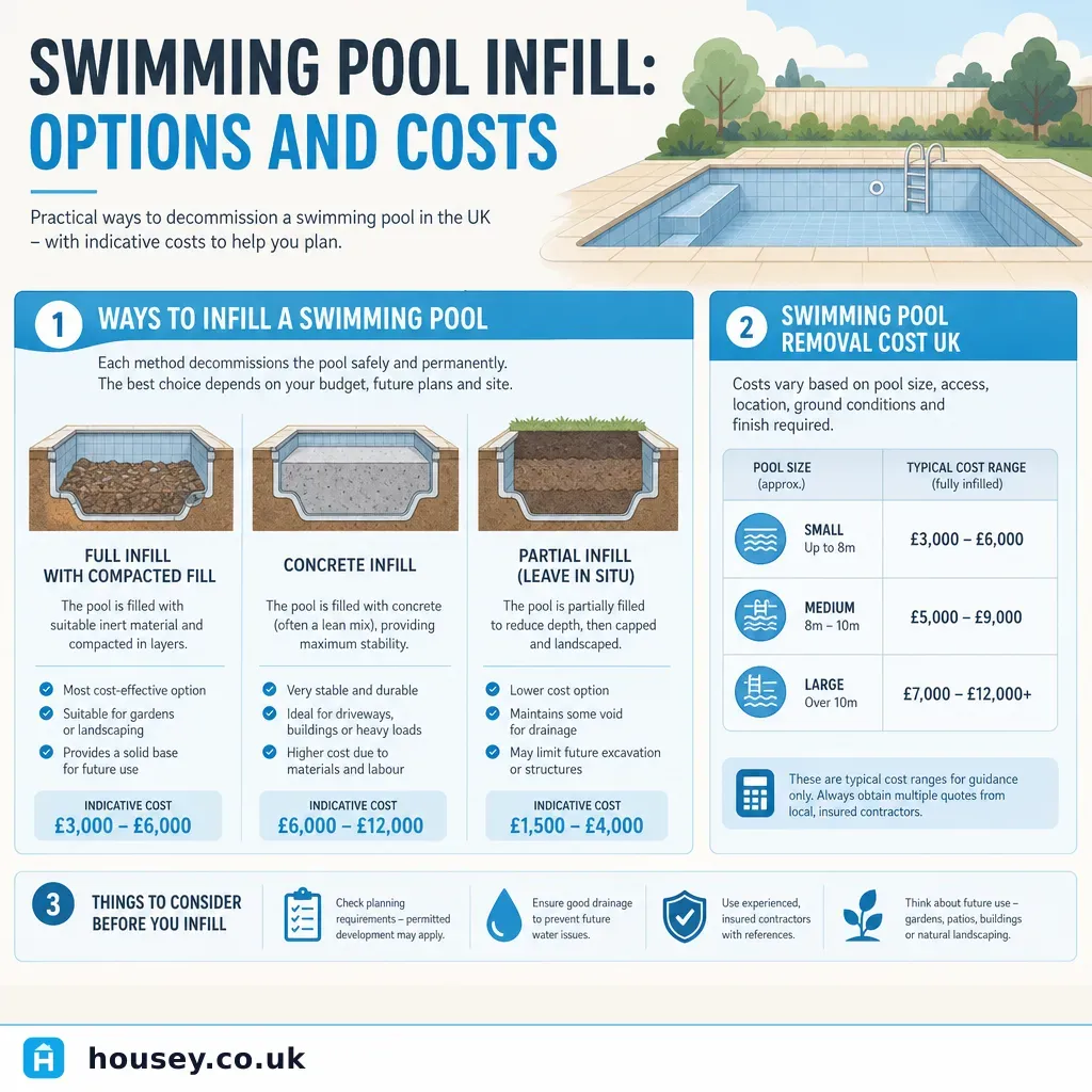 Infographic illustrating: Swimming Pool Infill: Options And Costs