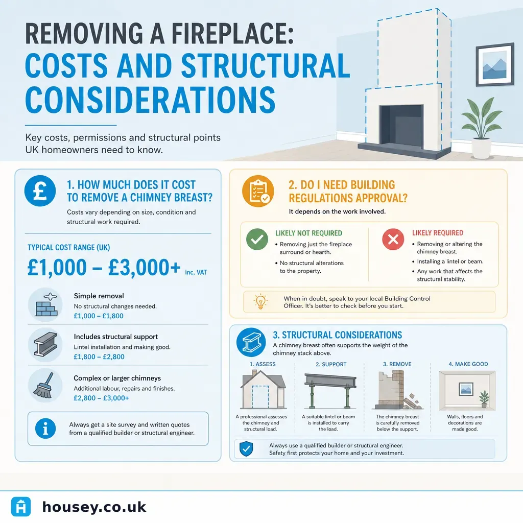 Infographic illustrating: Removing a Fireplace: Costs and Structural Considerations