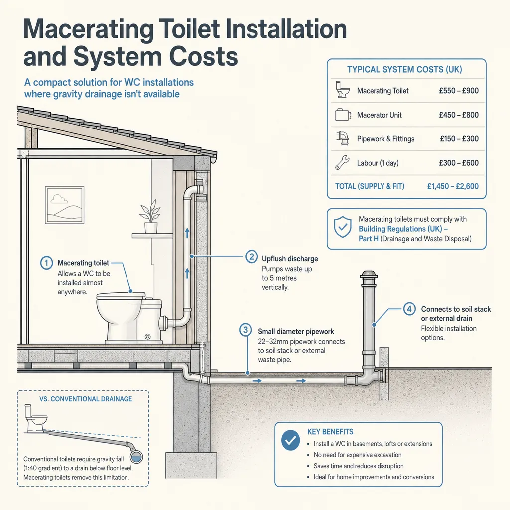 Diagram illustrating: Macerating Toilet Installation and System Costs