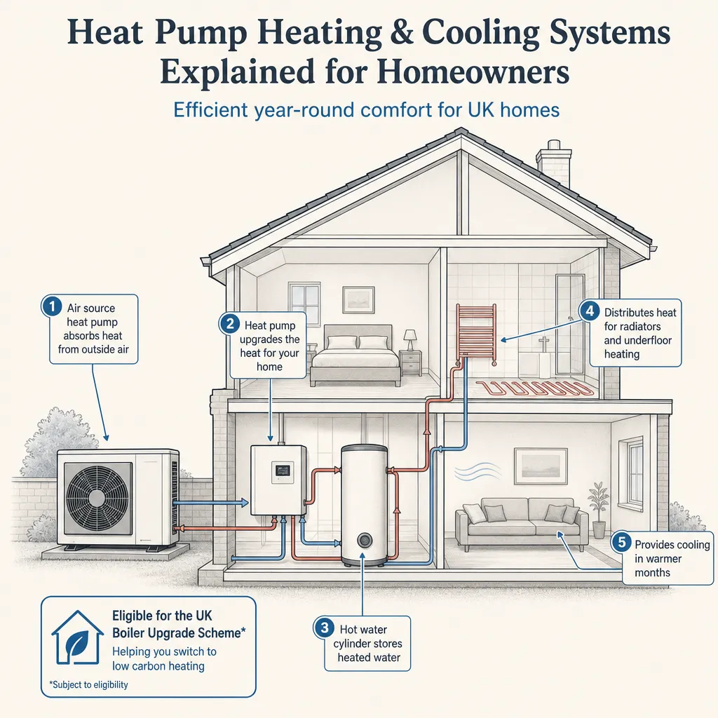 Diagram illustrating: Heat pump heating and cooling systems explained for homeowners