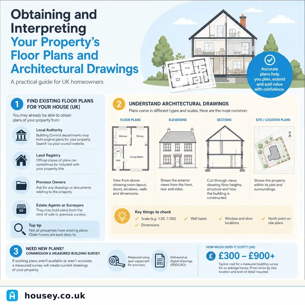 Infographic illustrating: Obtaining and interpreting your property's floor plans and architectural drawings