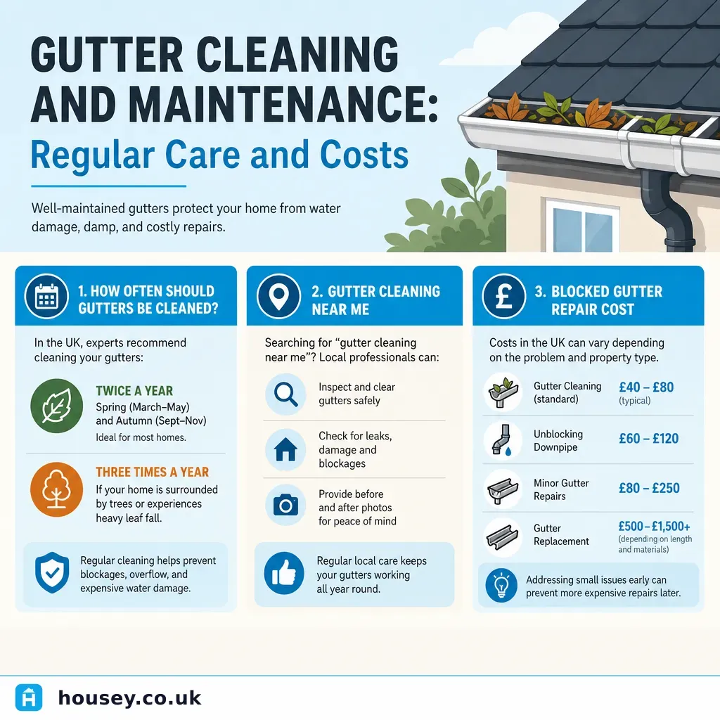 Infographic illustrating: Gutter Cleaning and Maintenance: Regular Care and Costs
