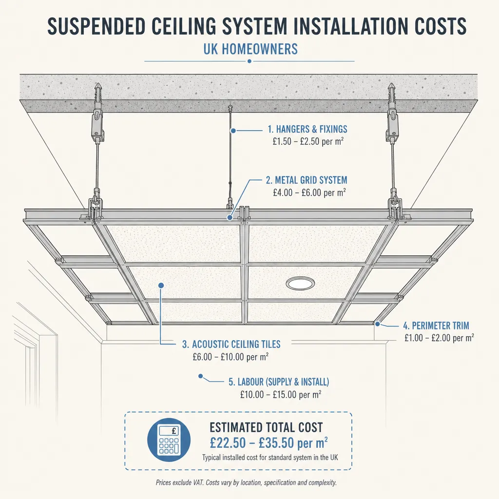 Diagram illustrating: Suspended Ceiling System Installation Costs