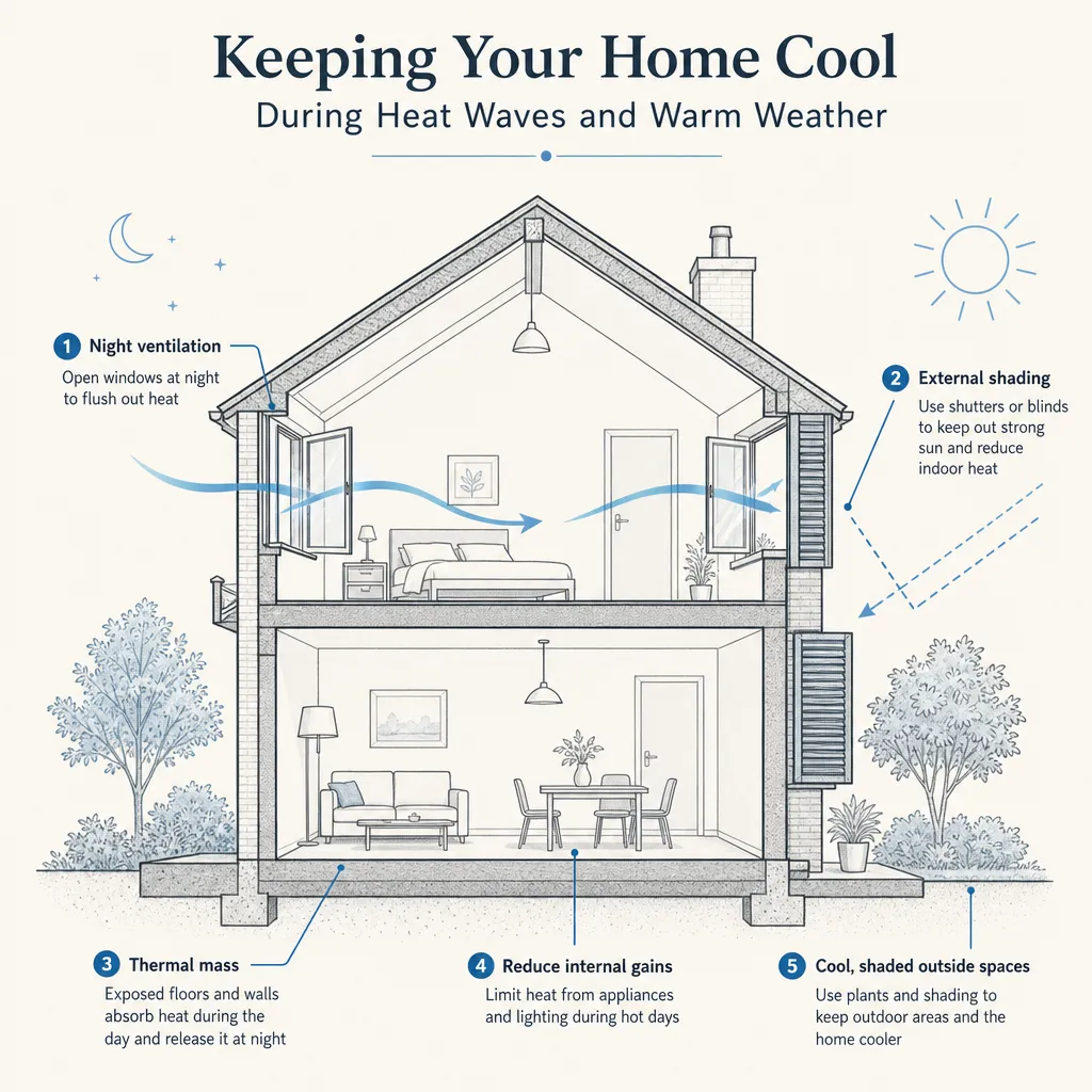 Diagram illustrating: Keeping Your Home Cool During Heat Waves and Warm Weather