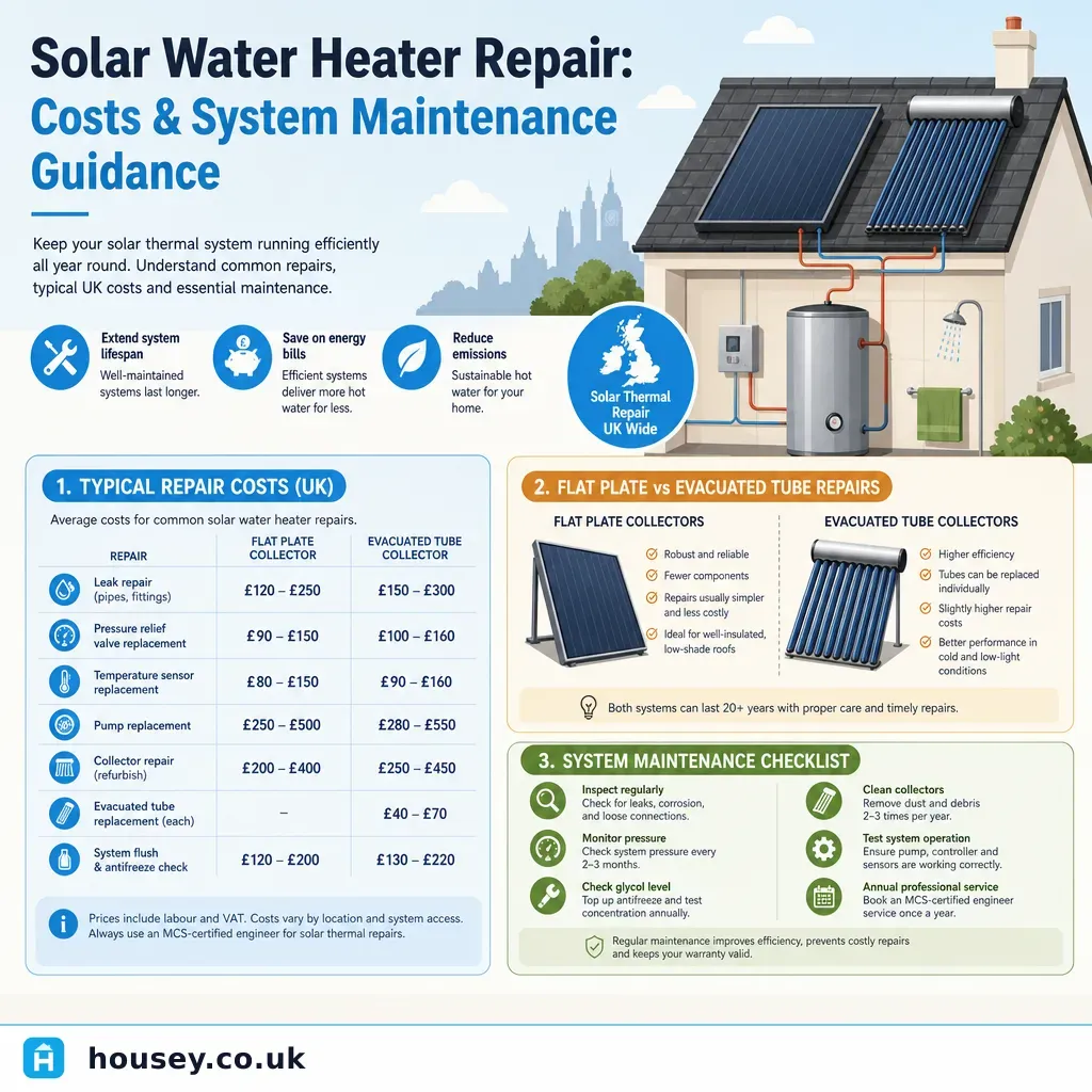 Infographic illustrating: Solar water heater repair: costs and system maintenance guidance