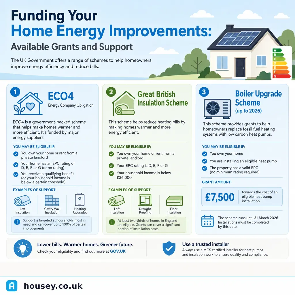 Infographic illustrating: Funding Your Home Energy Improvements: Available Grants and Support