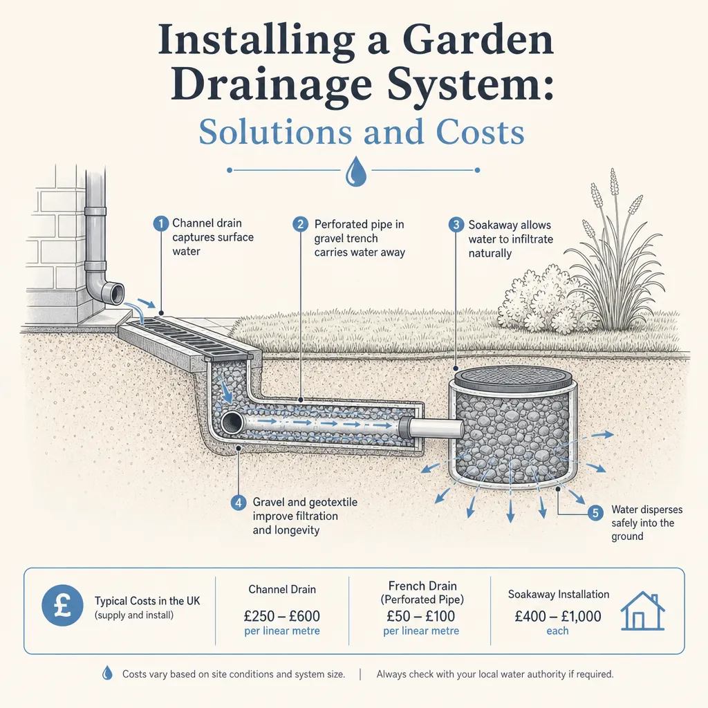 Diagram illustrating: Installing a Garden Drainage System: Solutions and Costs