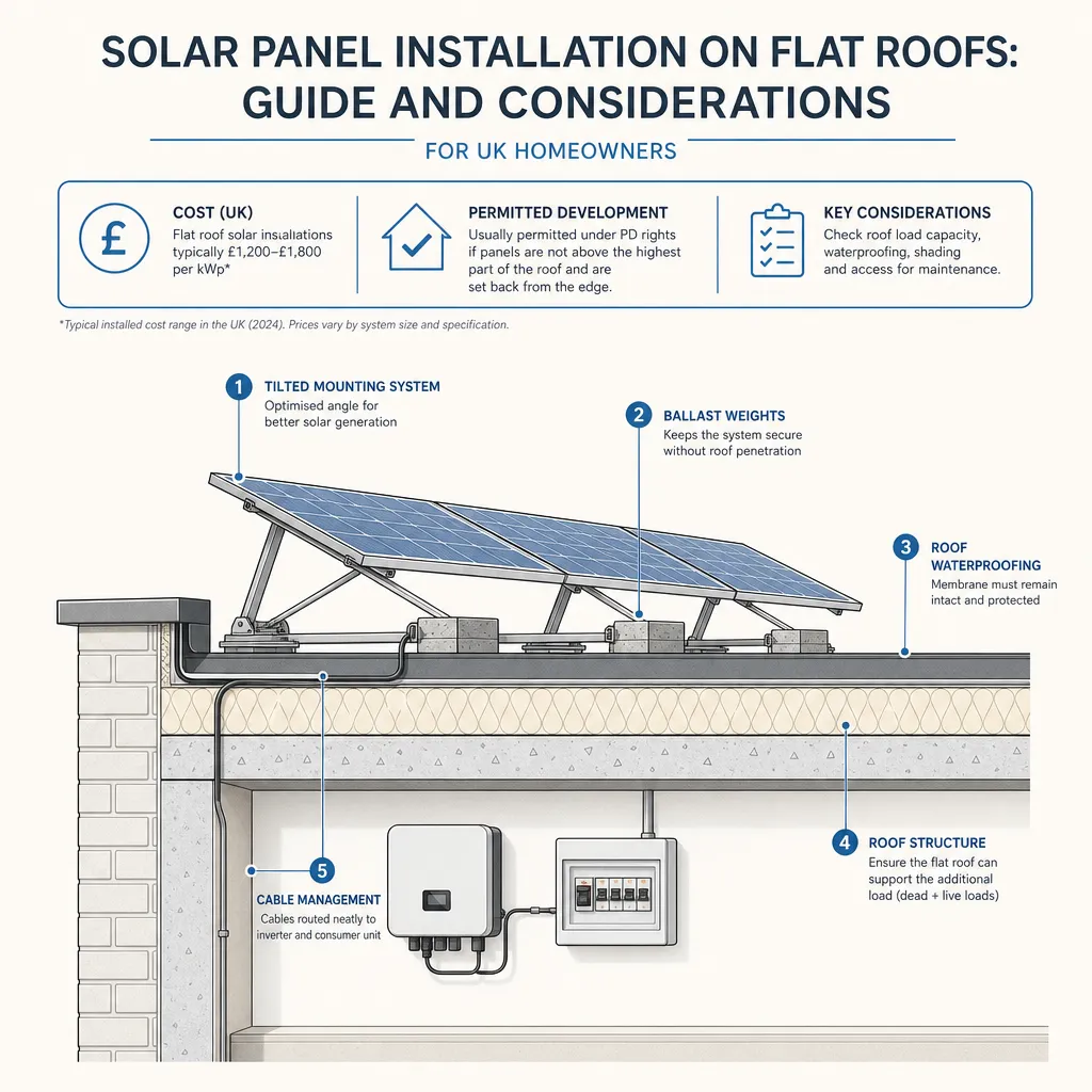 Diagram illustrating: Solar Panel Installation on Flat Roofs: Guide and Considerations