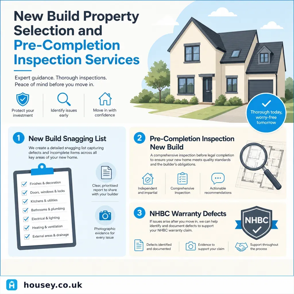 Infographic illustrating: New Build Property Selection and Pre-Completion Inspection Services