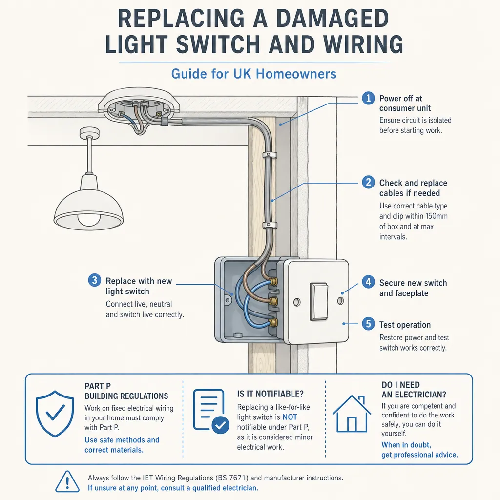 Diagram illustrating: Replacing a Damaged Light Switch and Wiring
