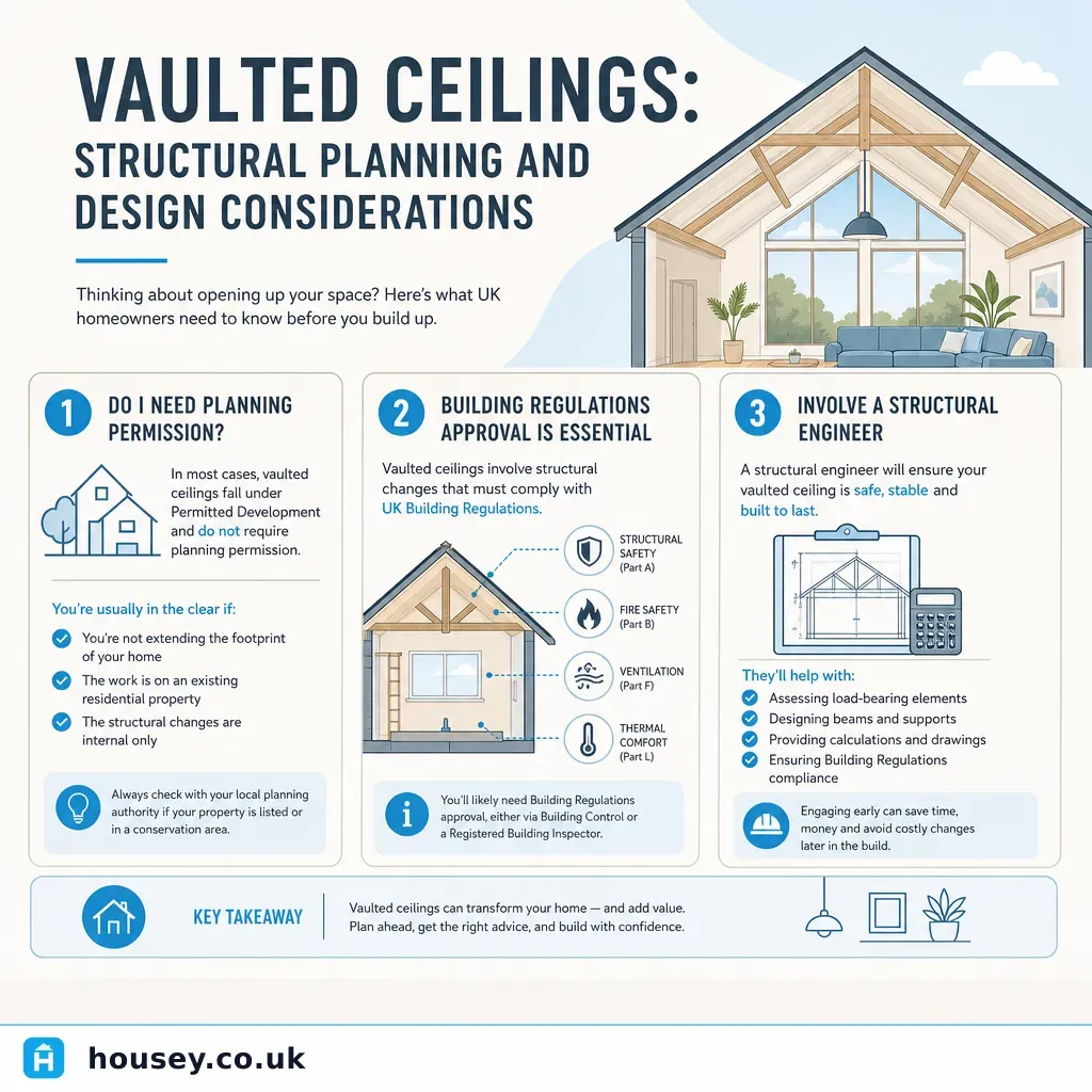 Infographic illustrating: Vaulted Ceilings: Structural Planning and Design Considerations