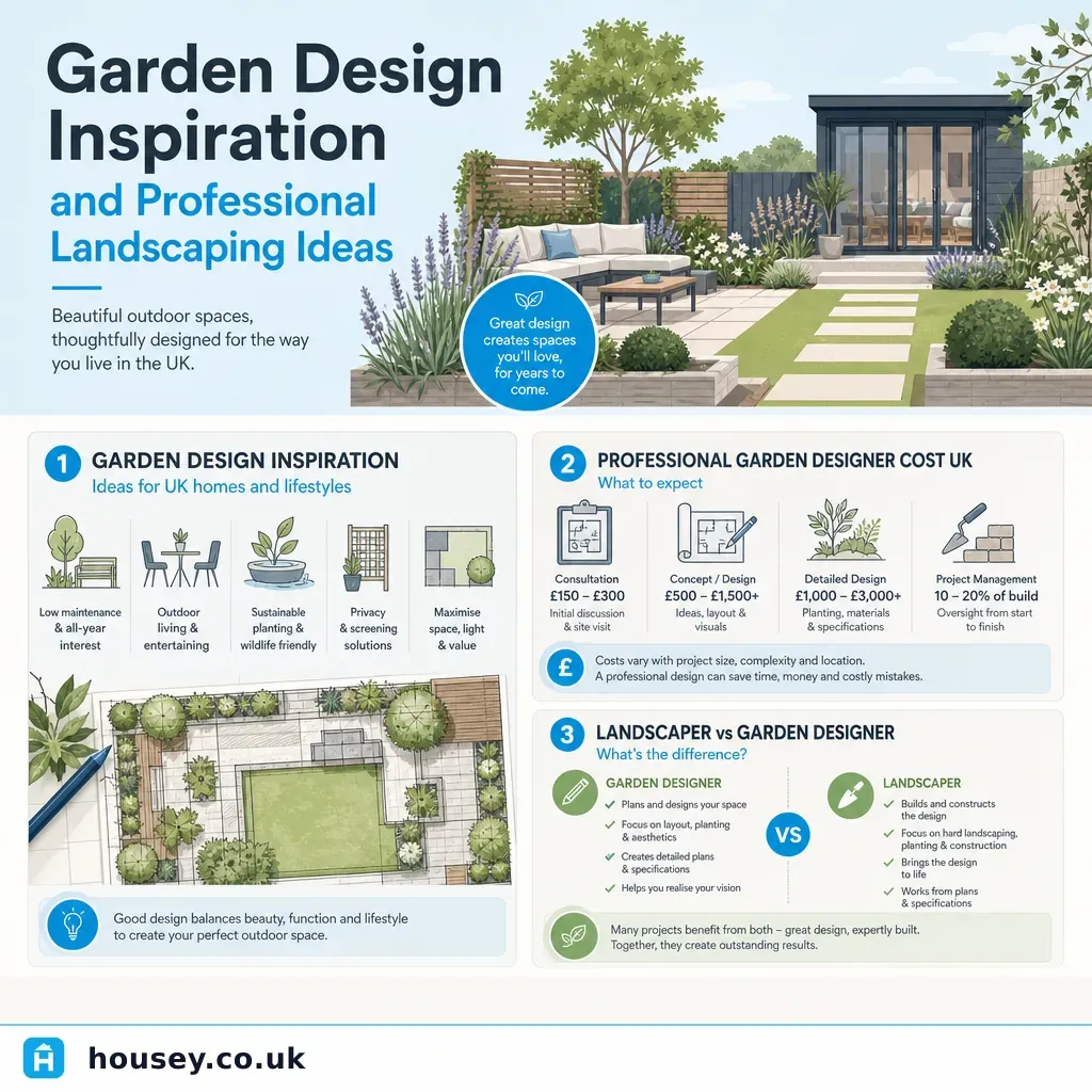 Infographic illustrating: Garden Design Inspiration and Professional Landscaping Ideas