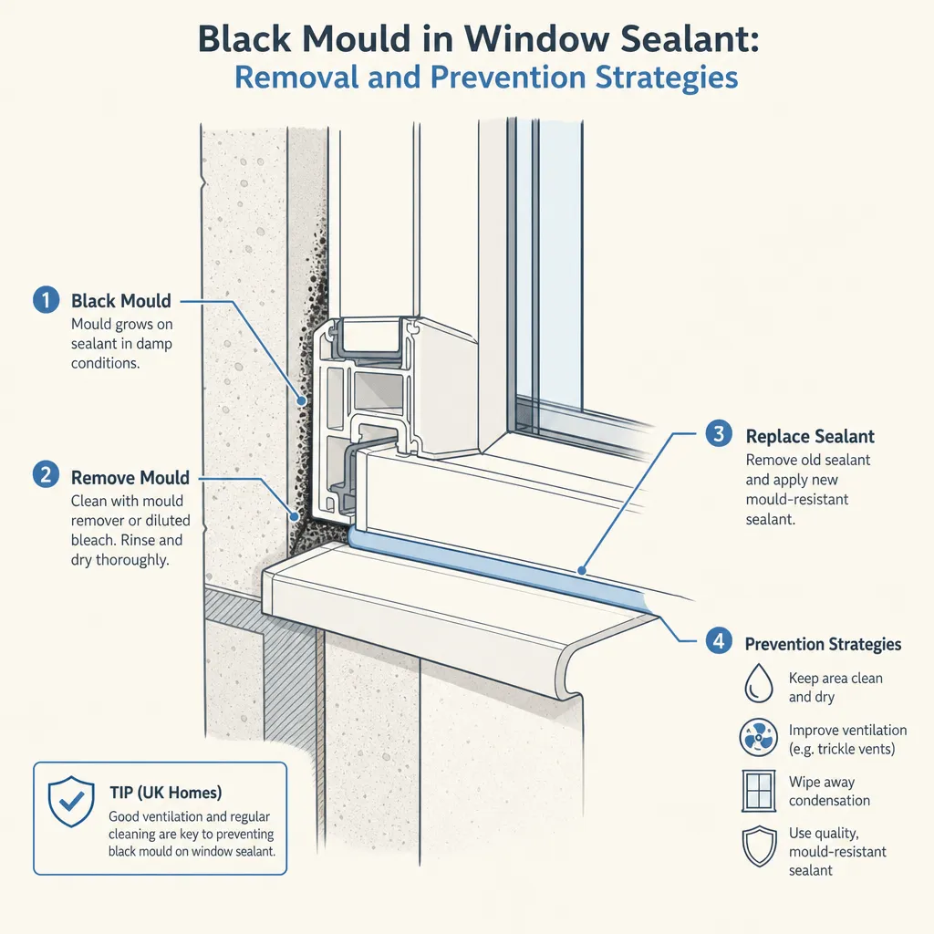 Diagram illustrating: Black Mould in Window Sealant: Removal and Prevention Strategies