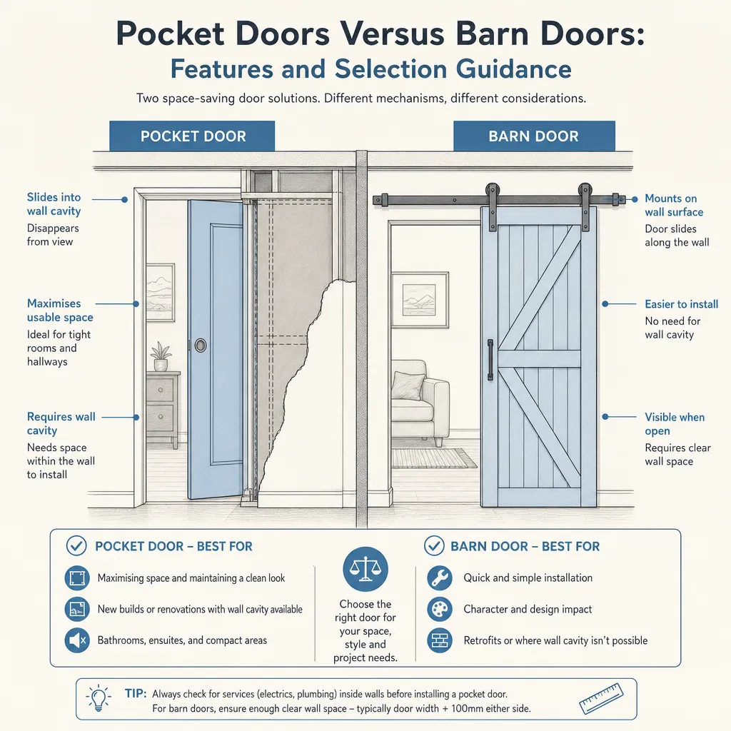 Diagram illustrating: Pocket Doors Versus Barn Doors: Features and Selection Guidance