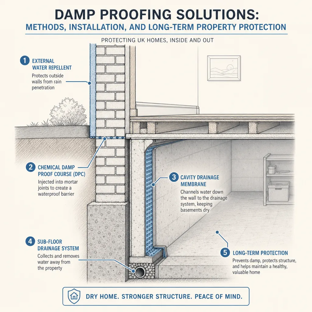 Diagram illustrating: Damp Proofing Solutions: Methods, Installation, and Long-Term Property Protection