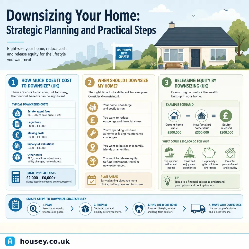 Infographic illustrating: Downsizing Your Home: Strategic Planning and Practical Steps