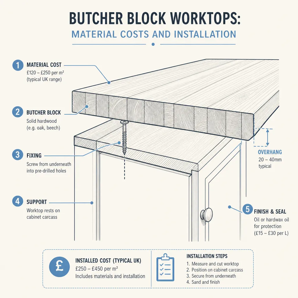 Diagram illustrating: Butcher Block Worktops: Material Costs and Installation