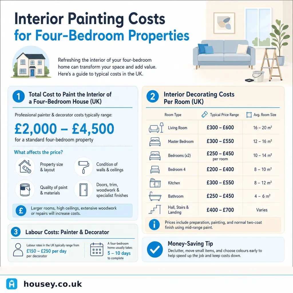 Infographic illustrating: Interior Painting Costs for Four-Bedroom Properties