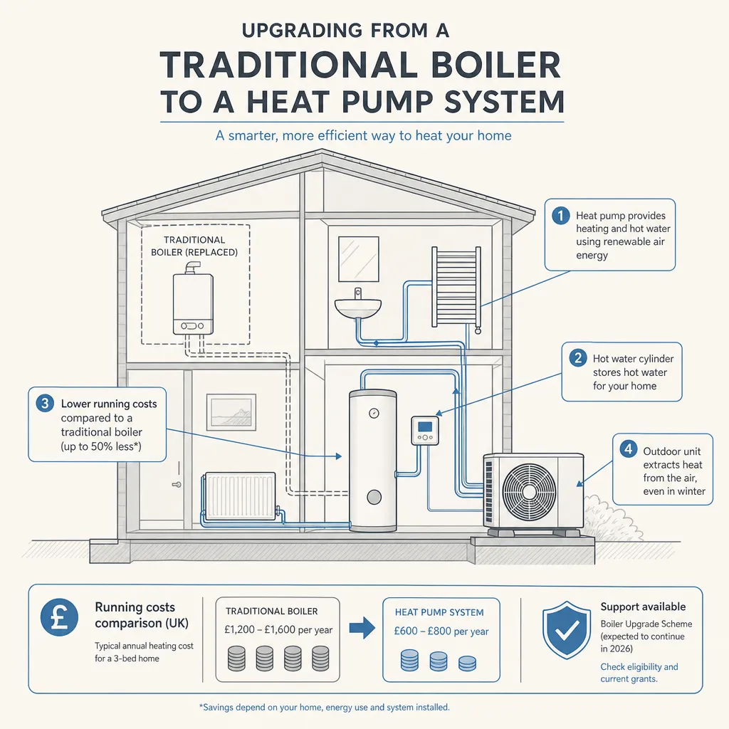Diagram illustrating: Upgrading from a Traditional Boiler to a Heat Pump System