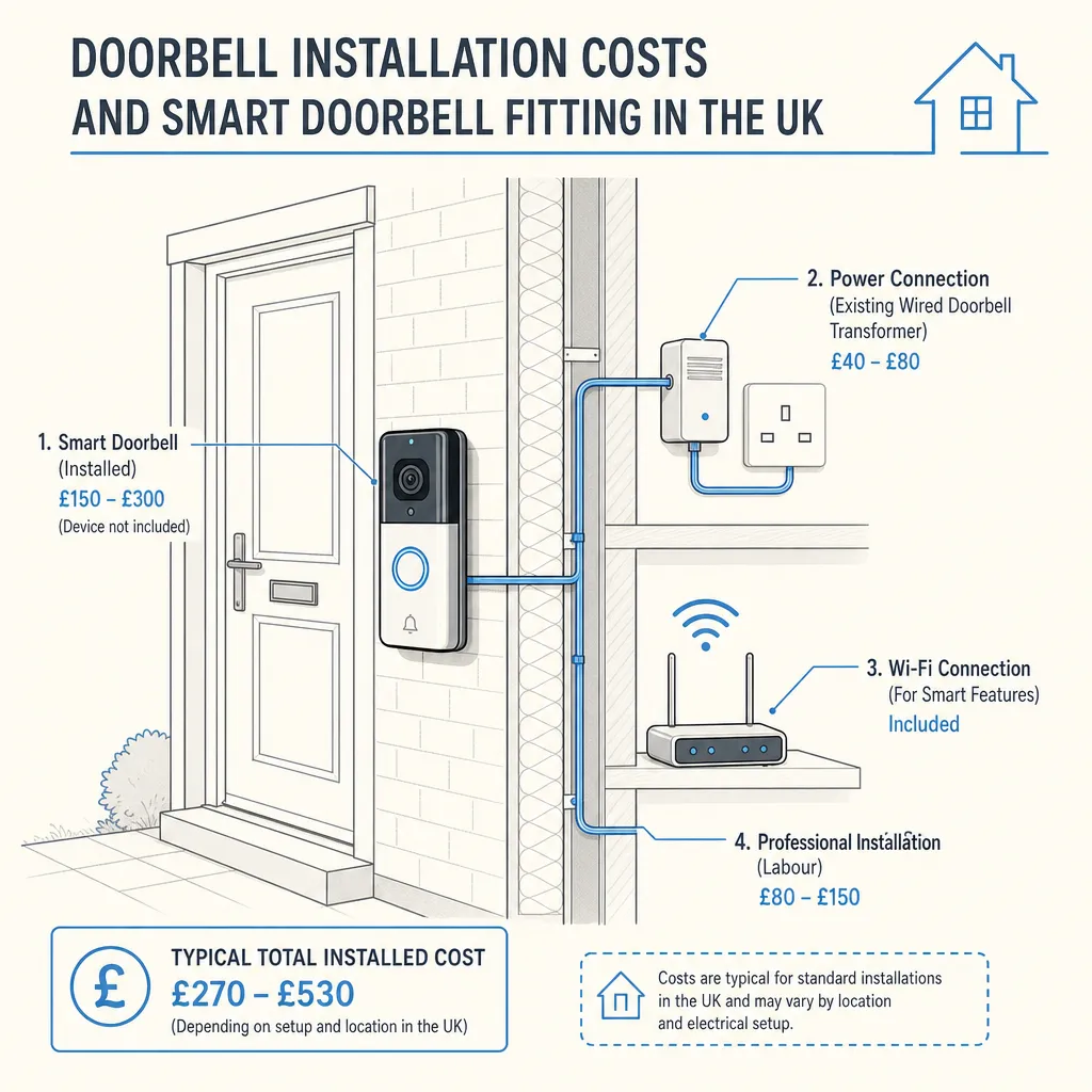 Diagram illustrating: Doorbell Installation Costs and Smart Doorbell Fitting in the UK